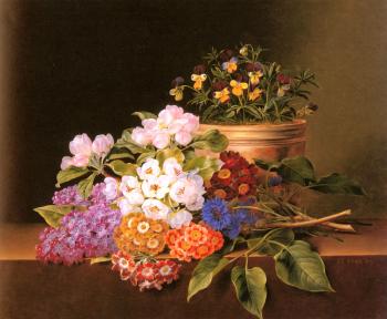 約翰 勞倫茨 延森 Apple Blossoms, Lilac, Violas, Cornflowers and Primroses on